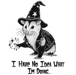 Illustration of an opossum wearing a wizard hat and a leather jacket with metal studs. Its other front paw is up and there's magical-looking sparkles around it. Text below the illustration reads "I have no idea what I'm doing…"