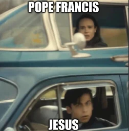 two cars passing each other, drivers making eye contact. One is labelled "pope francis", the other "jesus"