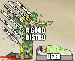 Meme. A soldier called "A good distro" is protecting a sleeping child called "user" with his body while knifes and snall rockets are smashing into his back. Those rockets are labeled with "Grub rescue shell", "Nvidia drivers breaking", "Filesystem corruption", "Manual firmware updates", "missing printer drivers" and "kernel regressions"
