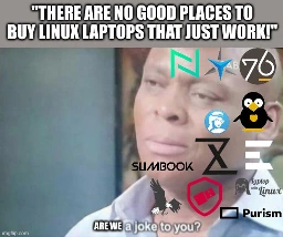 Meme of a guy saying "Are we a joke to you?" With the caption saying "There are no good places to buy Linux Laptops that just work!". The face of the guy is completely filled with different company logos, indicating there are a lot of Linux laptop vendors.