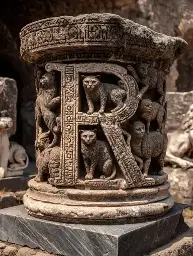 A pillar engraved with cats, the letter R is prominently featured in it's center. 