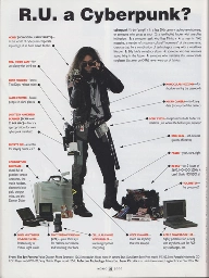 A page from a Mondo magazine from the early 2000's. It's a picture of a man with long hair, equipped with several technological gadgets of the time, such as Logitech Handheld Scanner, a voltimeter, a stun baton and more.