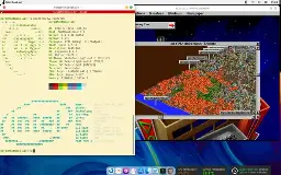 A screenshot of a linux desktop, resembling MacOS but with changes. On the left is a terminal with a neofetch and cpufetch output displayed, on the right is Sim City 2000 playing in dosbox in the background.