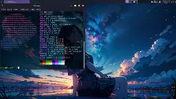 Screenshot of xfce desktop with open terminal and neofetch that shows gentoo is installed. anime girl as background and dracula theme.