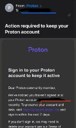 Screenshot of scammy Proton email received 