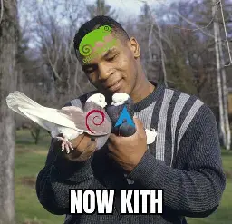 Mike Tyson (labeled OpenSUSE) holds two pigeons, one is labeled Debian the other is labeled Arch. A text below says "now kith"