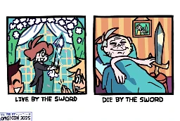 Panel 1: It's Shen at a wedding altar, getting married to a sword. The sword has a little wedding dress on. An audience member in the foreground is clapping. Text below reads "live by the sword".  Panel 2: A far older Shen, 50 years down the line, lays in bed, a big smile on his face. The sword is on a stool by the bed, upright like a sitting person, as Shen gently rests his head on its handle. On the wall is a photo of Shen, the sword, and their son, a human with a sword sticking out of his forehead like Chainsaw Man. Text below reads "die by the sword".