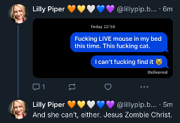Caption text 1: Fucking LIVE mouse in my bed this time. This fucking cat.  

Caption text 2: I can’t fucking find it [unhappy cat emoji]