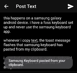 screenshot of lemmy post with toast message ststinf that samsung keyboard has pasted from the clipboard.