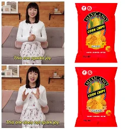 Marie Kondo sits on a couch and says "This one sparks joy," followed by a photo of a bag of cheese flavoured Mexicano corn chips. Then she says "This one does not spark joy," followed by a photo of natural flavoured Mexicano corn chips.
