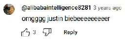 " omgggg justin biebeeeeeeeeer" by @alibabaintelligence8281 3 years ago, a YouTube reply. The profile picture shows a reddish-brown dog at a computer next to a bottle of Coke. The reply has 3 upvotes.