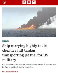 Screenshot of BBC headline "Ship carrying highly toxic chemical hit tanker transporting jet fuel for US military"