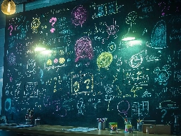 A blackboard filled with formulas and question marks