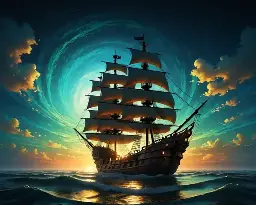 A pirate ship sailing at the crack of dawn