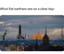 A panoramic scene of iconic monuments all in the same image because the world is flat