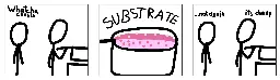 3 panel comic  panel 1: two stick figures, one's cooking. the other asks "whatcha cookin"  panel 2: focused shot of some pink goop in a pot, labeled "substrate"  panel 3" one stick figure exclaims, disappointed, "not again". the second remarks "its cheap"