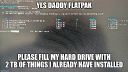 a terminal with a flatpak install. Flatpak is installing over 1 GB of Libraries already present on the PC.