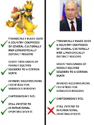 A comparison table of Bowser and Vladimir Putin. Both: 1. tyranically rule over a country comprised of several culturally and linguistically distinct regions 2. send thousands of poorly equiped soldiers to a certain death 3. invade neighbouring countries for nebulous reasons 4. are cartoonishly evil. Bowser is still invited to international sporting events; Putin is not.