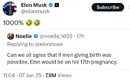 A tweet saying "Can we all agree that if men giving birth was possible elon would be on his 17th pregnancy" with elon quoting it saying "1000%" with two obnoxious laughing emojis. %