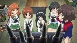 A Girls und Panzer screenshot. The girls are staring silently at upright tank ammo.