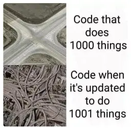 picture of a simple 4 way stop with text CODE THAT DOES 1000 THINGS; followed by picture a mega-plex interchange with text CODE WHEN UPDATED TO DO 1001 THING