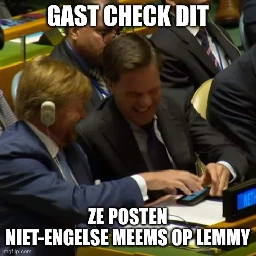 The Dutch King and former PM Mark Rutte laughing about something at the UN. With the Dutch text "Gast check dit" "Ze posten niet-Engelse meems op Lemmy"