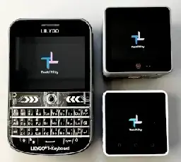 3 ESP32 devices showing the splash screen of the Tactility operating system