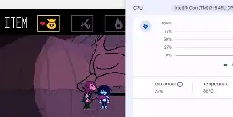 Screenshot showing 2 windows: one is Deltarune, an RPG game; the other is Diagnostics, a program to check CPU usage, temp, speed, etc.