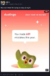 "My brain when I'm trying to sleep at night" - then a Duolingo 2024 in review screenshot saying "You made 689 mistakes this year"
