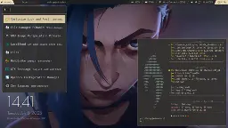 Gruvbox themed sway desktop using waybar, and with a rofi menu, alacritty running fastfetch and a conky clock visible.