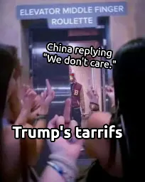 Trump's tarrifs giving a middle finger towards an elevator, in which stands china depicated as the hotlina miami chickenas