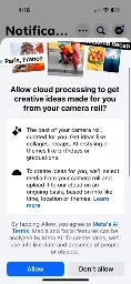 A smartphone notification screen prompts the user to allow cloud processing for personalized creative ideas based on their camera roll. The screen features a mix of images, including a view of the Eiffel Tower, a person in colorful clothing, and food. Options for allowing or