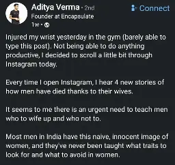 post by "founder at encapsulate" about 4 men dying thanks to their wives, and how there is an urgent need to teach men "who to wife up". Guy continues to say that men think women are innocent.