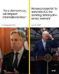 On the left: Anthony Blinken with the text ' "As a democracy, we respect international law." ' and the timestamp "October 11, 2023". On the right: Joe Biden with the text "House passes bill to sanction ICC for seeking Netanyahu arrest warrant" with the timestamp "Jun 5, 2024"